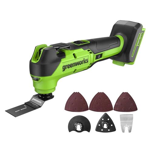 Greenworks 24V Lithium Ion Brushless Cord 18,000 OPM أداة متعددة تتأرجح مع شفرات قطع الخشب ووسادة الصنفرة مع أوراق متضمنة، 8 إعدادات للسرعة (البطارية غير متضمنة، أداة الطاقة فقط) in Kuwait