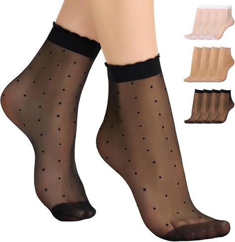 Yilanmy 12 Pairs Women's Sheer Ruffle Socks Silk Polka Dot Sheer Socks Lace Ankle Stockings in Saudi Arabia