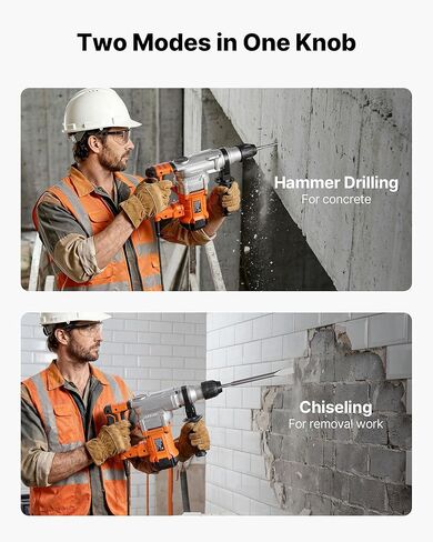 مثقاب مطرقة دوارة VEVOR، 1-1/8 بوصة SDS-Plus مطرقة دوارة كهربائية شديدة التحمل، بما في ذلك 3 لقم ثقب، إزميل مسطح، إزميل مدبب، شحم، فرشاة، وحقيبة حمل، للخرسانة والبناء in Kuwait