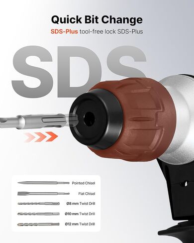 مثقاب مطرقة دوارة VEVOR، 1-1/8 بوصة SDS-Plus مطرقة دوارة كهربائية شديدة التحمل، بما في ذلك 3 لقم ثقب، إزميل مسطح، إزميل مدبب، شحم، فرشاة، وحقيبة حمل، للخرسانة والبناء in Kuwait