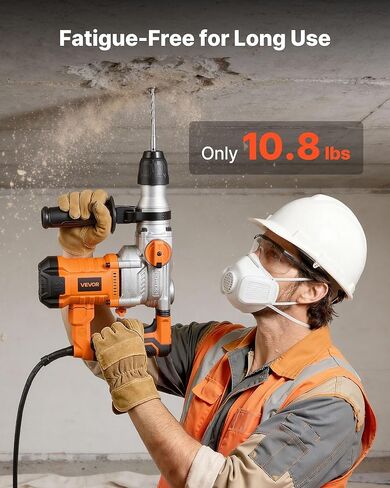 مثقاب مطرقة دوارة VEVOR، 1-1/8 بوصة SDS-Plus مطرقة دوارة كهربائية شديدة التحمل، بما في ذلك 3 لقم ثقب، إزميل مسطح، إزميل مدبب، شحم، فرشاة، وحقيبة حمل، للخرسانة والبناء in Kuwait