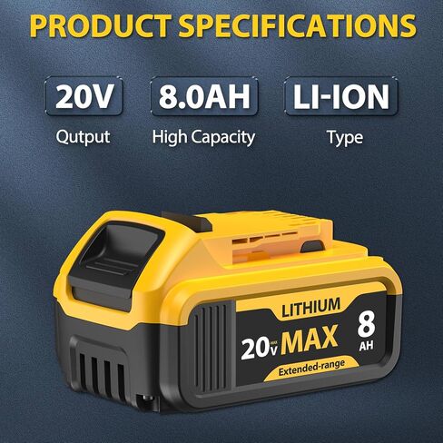 4 عبوات بديلة بقدرة 8000 مللي أمبير في الساعة لبطارية DeWalt 20V Max - متوافقة مع DCB206 DCB200 DCB201 DCB207 DCB203 DCB205، تناسب أدوات أيونات الليثيوم والشواحن الأصلية ببطارية 20 فولت in Kuwait