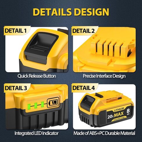 4 عبوات بديلة بقدرة 8000 مللي أمبير في الساعة لبطارية DeWalt 20V Max - متوافقة مع DCB206 DCB200 DCB201 DCB207 DCB203 DCB205، تناسب أدوات أيونات الليثيوم والشواحن الأصلية ببطارية 20 فولت in Kuwait
