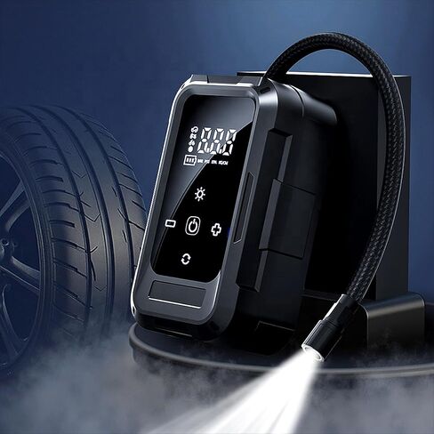 منفاخ إطارات محمول بقوة 150 رطل لكل بوصة مربعة، يعمل بمنفذ USB و12 فولت تيار مستمر، شاشة LCD رقمية، ضوء LED، إيقاف تلقائي، بنك طاقة للسيارة، الدراجة، الدراجة النارية، الكرات in Kuwait