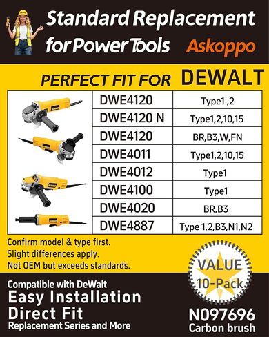 N097696 (10-Pack) Carbon Brushes, Carbones para DeWALT DWE4120 DWE4011 DWE4012 DWE4100 Angle Grinder Replacement - Askoppo in Kuwait