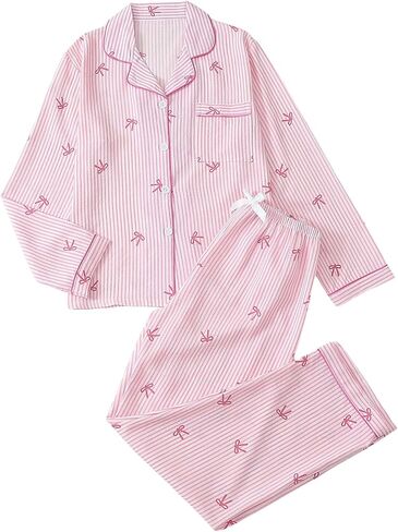 BEAUDRM Women's 2 Piece Bow Pajama Set Striped Long Sleeve Button Down Sleepwear with Pants Loungewear in Saudi Arabia