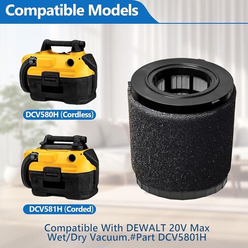 2 حزمة استبدال فلتر HEPA DCV5801H متوافق مع DEWALT DCV580H / DCV581H 20V MAX مكنسة كهربائية رطبة وجافة، مع 4 مرشحات كم رغوي وفرشاة واحدة، فلتر قابل للغسل وإعادة الاستخدام in Kuwait