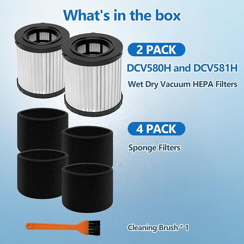 2 حزمة استبدال فلتر HEPA DCV5801H متوافق مع DEWALT DCV580H / DCV581H 20V MAX مكنسة كهربائية رطبة وجافة، مع 4 مرشحات كم رغوي وفرشاة واحدة، فلتر قابل للغسل وإعادة الاستخدام in Kuwait