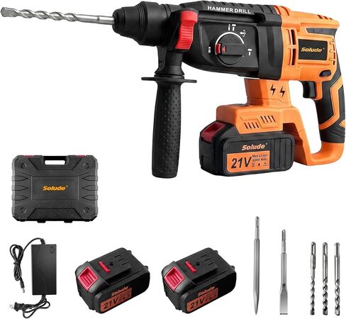 SOLUDE 21V Cordless Rotary Hammer Drill with 2 Pack 4Ah Batteries, SDS-Plus Hammer Drill for Concrete Demolition Chipping Rotomartillo Home Renovation with Brushless Motor,4 Working Modes in Kuwait