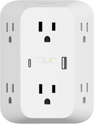 قطاع الطاقة Belkin 6-Outlet Surge Protector، قابل للتركيب على الحائط مع 6 منافذ تيار متردد، حماية من الجهد الزائد، مؤشر LED - منفذ USB-C ومنفذ USB-A مع شحن سريع USB-C PD - 1680 جول من الحماية in Kuwait