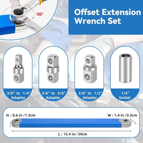 15 Inch Offset Extension Wrench, Impact Ready Socket Wrench Extender Tool Set with Versatile 1/2", 1/4" and 3/8" Square Drive Adapters, Universal Extensions Wrench for Tight Place in Kuwait