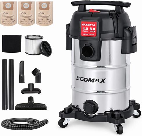 مكنسة كهربائية ECOMAX سعة 8 جالون فائقة الهدوء رطبة وجافة، مكنسة كهربائية من الفولاذ المقاوم للصدأ مع تقليل الضوضاء بنسبة 80%، عمر أطول للمحرك 3 مرات، شفط 4 ذروة HP، مجموعة ملحقات كاملة للمرآب وورش العمل والمنزل in Kuwait