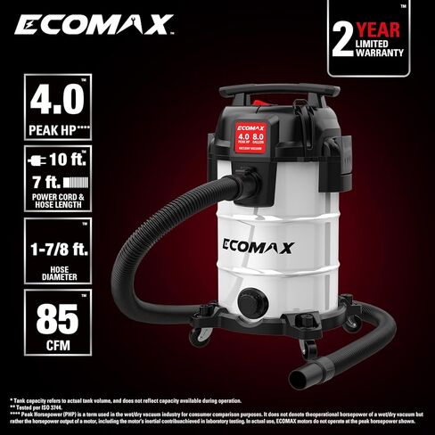 مكنسة كهربائية ECOMAX سعة 8 جالون فائقة الهدوء رطبة وجافة، مكنسة كهربائية من الفولاذ المقاوم للصدأ مع تقليل الضوضاء بنسبة 80%، عمر أطول للمحرك 3 مرات، شفط 4 ذروة HP، مجموعة ملحقات كاملة للمرآب وورش العمل والمنزل in Kuwait