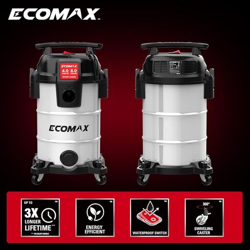 مكنسة كهربائية ECOMAX سعة 8 جالون فائقة الهدوء رطبة وجافة، مكنسة كهربائية من الفولاذ المقاوم للصدأ مع تقليل الضوضاء بنسبة 80%، عمر أطول للمحرك 3 مرات، شفط 4 ذروة HP، مجموعة ملحقات كاملة للمرآب وورش العمل والمنزل in Kuwait