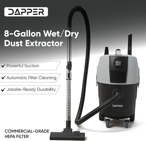 Dapper Supply مستخرج غبار رطب/جاف/مكنسة كهربائية مع فلتر HEPA التلقائي، 8 جالون، تشغيل تلقائي للأداة، 140 قدم مكعب في الدقيقة، شفط 20 كيلو باسكال، ضمان لمدة عامين - مثالي للحوائط الجافة، وجمع الغبار في موقع العمل، والتنظيف العام in Kuwait