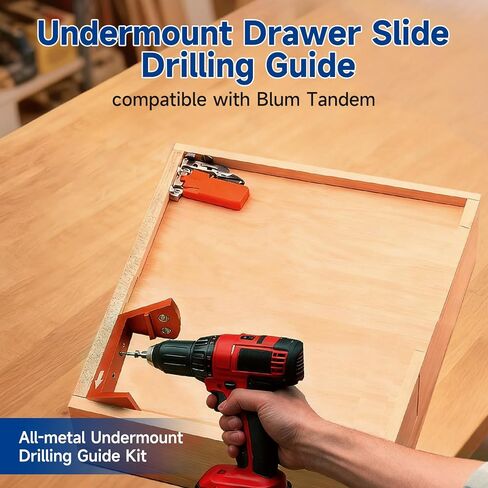 Undermount Drawer Slide Drilling Guide Kit Compatible with Blum Tandem, Drawer Slide Kit Includes Aluminum Alloy Angle Guide, 6mm & 2.5mm Brad Point Drill bits, Stop Collars, and hex Wrench in Kuwait