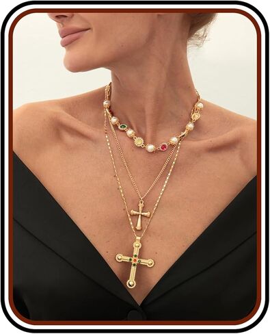 Layered Cross Necklace Set for Women – Vintage Gold Pearl Choker, Multi-Strand Chain with Religious Pendant, Trendy Baroque Statement Jewelry, Adjustable Fashion Gift in Saudi Arabia
