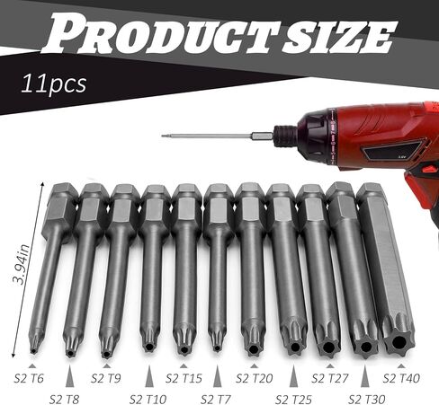 11PCS Security Torx Bit, 1/4 Inch Hex Shank S2 Steel Magnetic Tamper Proof Star Screwdriver Bit Set, S2 Torx Screwdriver Bits Sets (T6-T40) in Kuwait