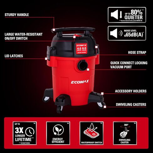 ECOMAX Ultra Quiet Shop Vacuum Wet and Dry 6 Gallon, Shop Vac 4 HP, 80% Quieter Operation, 3X Longer Motor Lifespan, Powerful & Portable for Garage, Jobsite, Workshop in Kuwait