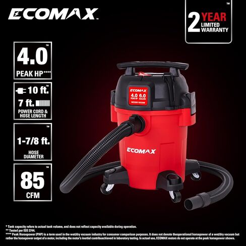 ECOMAX Ultra Quiet Shop Vacuum Wet and Dry 6 Gallon, Shop Vac 4 HP, 80% Quieter Operation, 3X Longer Motor Lifespan, Powerful & Portable for Garage, Jobsite, Workshop in Kuwait