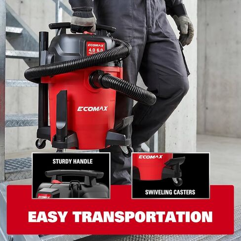 ECOMAX Ultra Quiet Shop Vacuum Wet and Dry 6 Gallon, Shop Vac 4 HP, 80% Quieter Operation, 3X Longer Motor Lifespan, Powerful & Portable for Garage, Jobsite, Workshop in Kuwait
