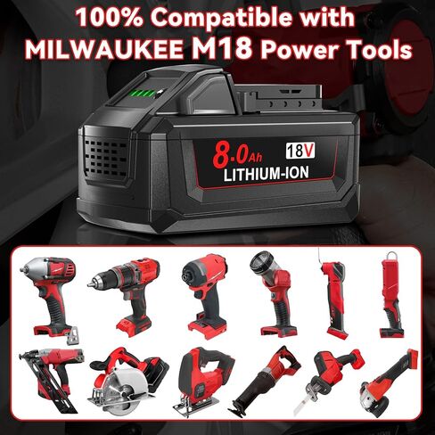 2Pack 8.0Ah Lithium Replacement for Milwaukee M18 Battery Compatible with Milwaukee 18V Battery 48-11-1865 48-11-1850 48-11-1860 48-11-1865 48-11-1852 48-11-1840 48-11-1862 Cordless Power Tools in Kuwait