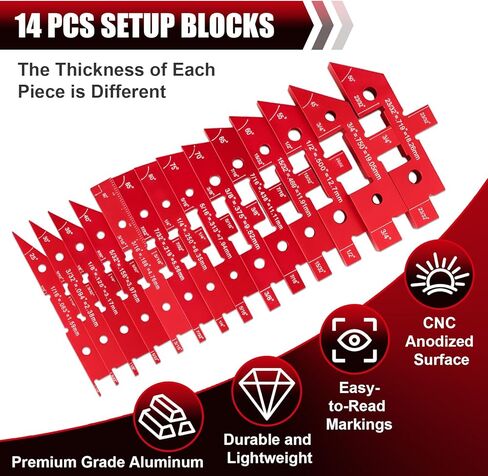 14 Pcs Aluminum Alloy Setup Blocks for Woodworking, Precision Router & Table Saw Setup Bars, Height Depth Angle & Fence Alignment Gauge Set with Storage Case in Kuwait