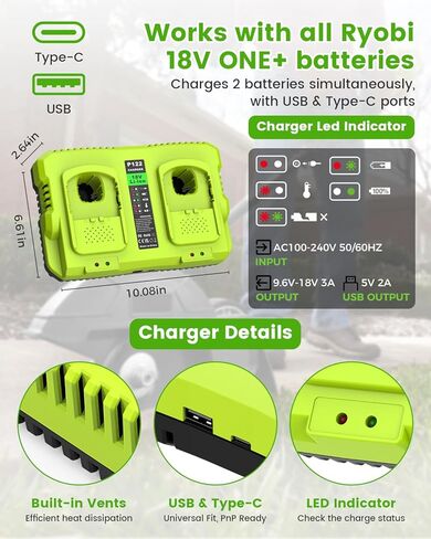 Abeden 2 Pack 3.0Ah Replacement for Ryobi 18V Battery and P117 Dual Port Fast Charger Combo，USB & Type-C Output Lithium Batteries for Ryobi 18V ONE+ Tools P102 P107 P108 P122 in Saudi Arabia