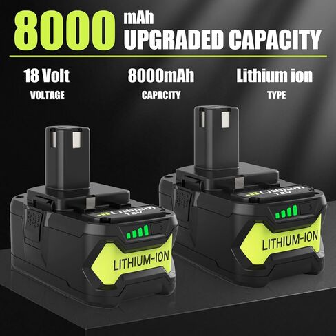 2 Packs Upgraded to 8000mAh P108 Battery and P117 Charger Replacement for Ryobi 18V Battery and Charger Combo Kit Compatible with Ryobi P189 P190 P109 P107 P105 P104 P103 P102 P122 Batteries (Green) in Kuwait