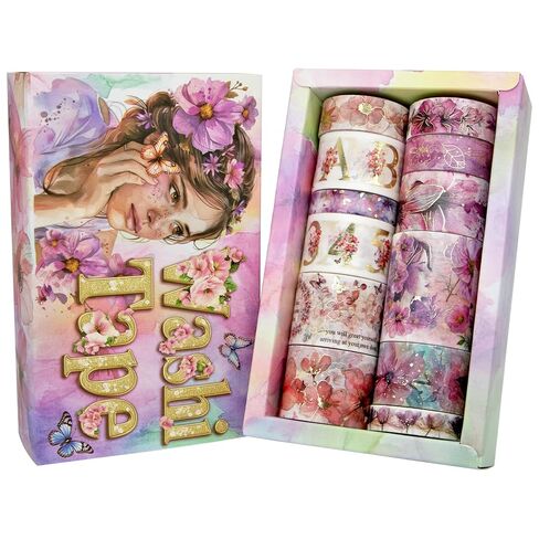 Washi Tape Set - 12 Rolls of Pink Floral Alphabet Decorative Adhesive Tape, Glitter Washi Tape for Journaling, Scrapbooking, DIY Crafts, Bible Journaling, and Gift Wrapping in Saudi Arabia