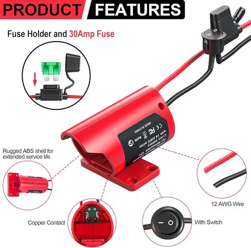 محول بطارية Milwaukee M12: مجموعة تحويل 12 فولت مع مفتاح، مصهر، أطراف سلكية، سلك 12AWG وموصل طاقة - مثالي لألعاب السيارات RC والروبوتات - قطعتان in Kuwait