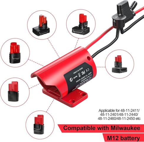 محول بطارية Milwaukee M12: مجموعة تحويل 12 فولت مع مفتاح، مصهر، أطراف سلكية، سلك 12AWG وموصل طاقة - مثالي لألعاب السيارات RC والروبوتات - قطعتان in Kuwait