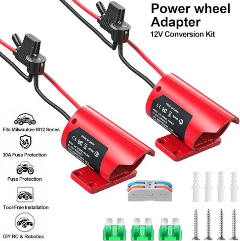 محول بطارية Milwaukee M12: مجموعة تحويل 12 فولت مع مفتاح، مصهر، أطراف سلكية، سلك 12AWG وموصل طاقة - مثالي لألعاب السيارات RC والروبوتات - قطعتان in Kuwait