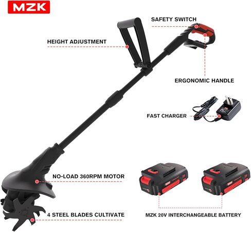 MZK 20V Cordless Tiller Cultivator with Steel Tines,8-inch Wide Battery Powered Garden Cultivator, 360RPM Electric Tiller for Lawn/Gardening/Soil Cultivation(2 * 2AH Battery&Charger Included),TC08D01 in Kuwait
