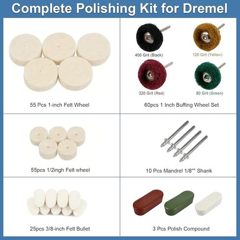 208PCS Polishing Kit for Dremel, Felt Buffing Wheels Set with 1/8" Shank, 1" 1/2" 3/8" Polishing Bits with Mandrel & Polish Compound for Metal Wood Jewelry in Kuwait
