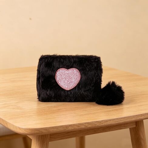 Women Wallets, Soft Ladies Purse Heart-Shaped Pattern Portable Zipper Small Purse with Cute Ball for Bank Cards, ID Cards, Cash, Coin Purses for Women (Black) in Saudi Arabia