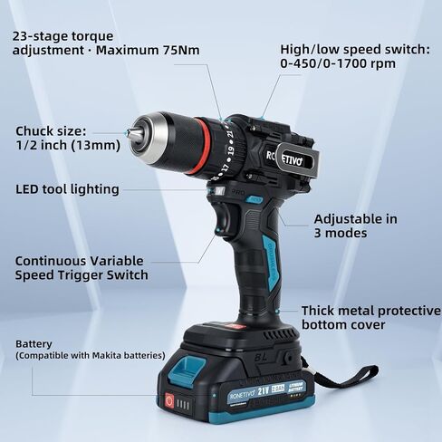 مفك مثقاب 21 فولت بدون فرشاة 23+2M 75N·m/664in-lbf 1/2 بوصة 2.0Ah بطاريات وشاحن وحقيبة حمل الأدوات (مناسبة لبطاريات ماكيتا.) in Kuwait
