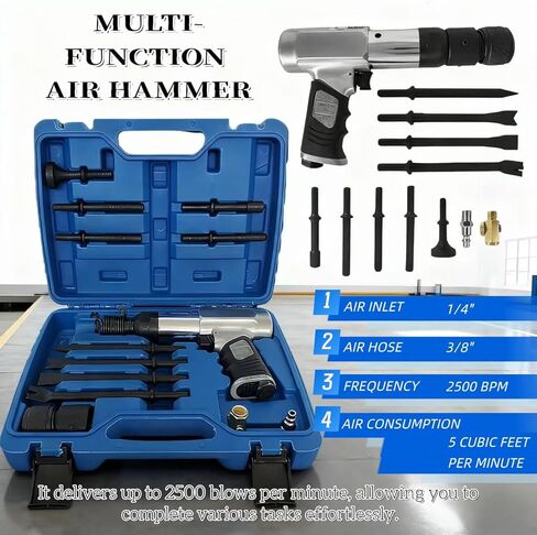 Air Hammer 2500 BPM, 13PCS Air Hammer Attachments Including Tapered Punch, Panel Cutter & Flat Chisel, Ideal for Automotive Repair, Metal Cutting & Demolition Work in Kuwait
