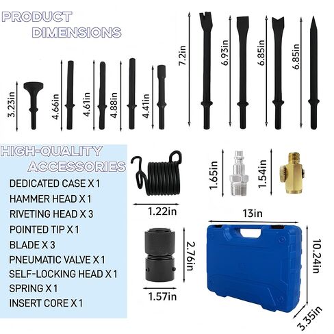 Air Hammer 2500 BPM, 13PCS Air Hammer Attachments Including Tapered Punch, Panel Cutter & Flat Chisel, Ideal for Automotive Repair, Metal Cutting & Demolition Work in Kuwait
