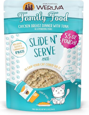 Weruva Slide n 'serving Paté Wet Cat Food ، The Showcase Chowdown Slide n' Serving 2.8oz Pouch Packte من 16 ، ألوان متعددة in Kuwait