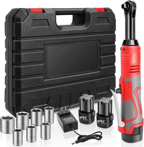FAHKNS Cordless Ratchet Wrench, Electric Ratchet Wrench 45 ft-lbs 400RPM Power, 18V Power Ratchet Wrench Kit with 2 Battery 2.0Ah Lithium-Ion, 7 Sockets in Kuwait