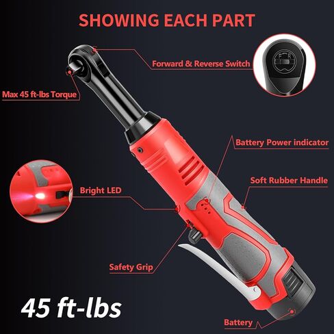 FAHKNS Cordless Ratchet Wrench, Electric Ratchet Wrench 45 ft-lbs 400RPM Power, 18V Power Ratchet Wrench Kit with 2 Battery 2.0Ah Lithium-Ion, 7 Sockets in Kuwait