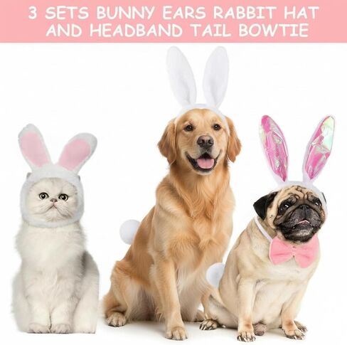 Weewooday 3 Set Dog Bunny Ears Easter Costume, Dog Headband Cat Rabbit Ear Hat Cute Pet Bow Collar Puppy Plush Tail for Pet Easter Party Costume Accessories Supplies(Vivid) in Saudi Arabia