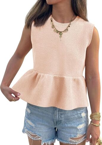 Saodimallsu Womens Sleeveless Babydoll Tank Tops Peplum Ruffle Crew Neck Ribbed Knit Summer Trendy Sweater Vest in Saudi Arabia