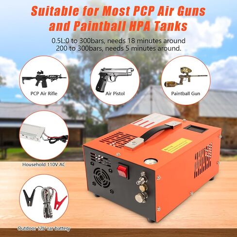 PCP Air Compressor, 4500PSI Portable PCP Compressor, 12V DC/110V AC PCP Airgun Compressor Manual-stop, w/External Power Adapter, Built-in Fan, Suitable for Paintball, PCP Rifle, Pistol, Scuba Bottle in Kuwait