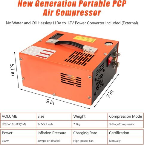 PCP Air Compressor, 4500PSI Portable PCP Compressor, 12V DC/110V AC PCP Airgun Compressor Manual-stop, w/External Power Adapter, Built-in Fan, Suitable for Paintball, PCP Rifle, Pistol, Scuba Bottle in Kuwait