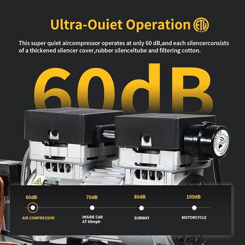 ضاغط هواء محمول سعة 6 جالون 1 حصان 2.5 CFM@90PSI 60 ديسيبل ضاغط هواء فائق الهدوء وخالي من الزيت مثالي لنفخ الإطارات بالهواء المضغوط أداة رش الطلاء in Kuwait