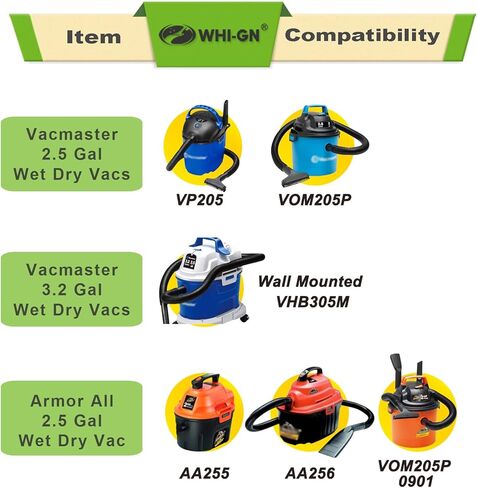 حزمة من 12 (9+3) فلتر قماش VRC2 وفلتر أكمام إسفنجية VFF21، متوافق مع مكانس Vacmaster سعة 2.5-3.2 جالون الرطبة والجافة، مناسب أيضًا لنماذج Armor All 2.5 جالون Utility Vacs # AA255 AA255W AA256 in Kuwait
