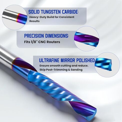 HQMaster 10 قطع من رؤوس التوجيه CNC ذات القطع السفلي، مطحنة نهاية فلوت واحدة بساق 1/8 بوصة، لقمة CNC مطلية باللون الأزرق النانوي للخشب، MDF، PVC، الأكريليك، الألومنيوم، البلاستيك (1/8 بوصة × 1/8 بوصة × 11/16 بوصة × 1-1/2 بوصة) in Kuwait
