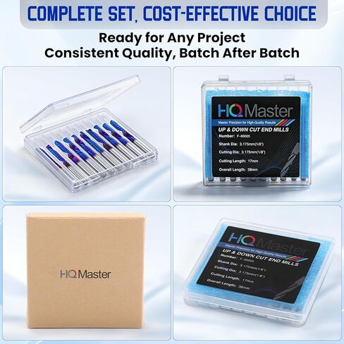 HQMaster 10 قطع من رؤوس التوجيه CNC ذات القطع السفلي، مطحنة نهاية فلوت واحدة بساق 1/8 بوصة، لقمة CNC مطلية باللون الأزرق النانوي للخشب، MDF، PVC، الأكريليك، الألومنيوم، البلاستيك (1/8 بوصة × 1/8 بوصة × 11/16 بوصة × 1-1/2 بوصة) in Kuwait